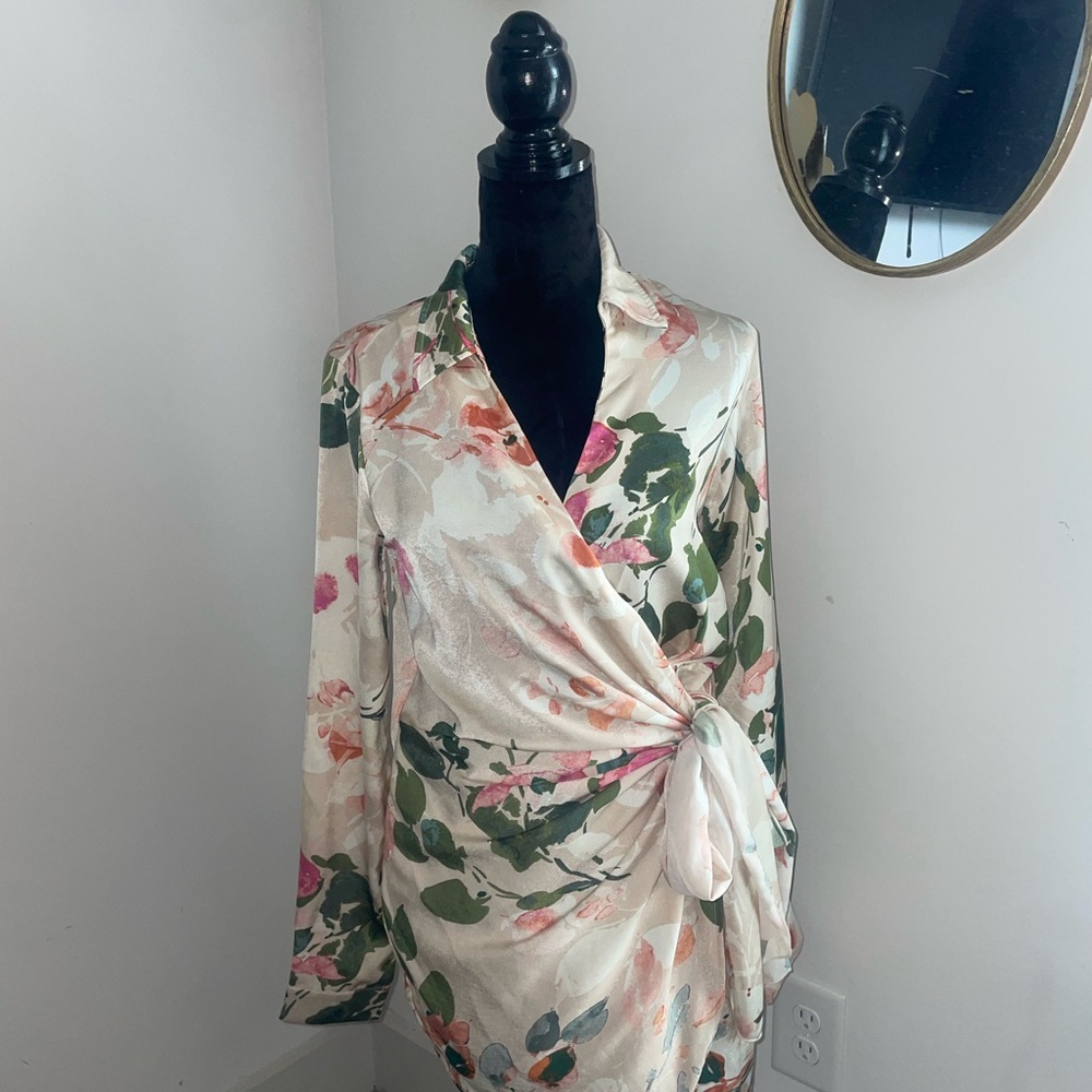 Luxxel Floral Long Sleeve Dress - Cream, Pink, Green